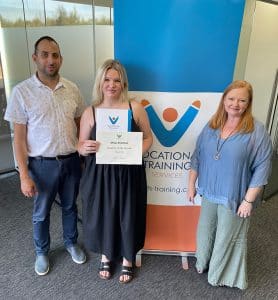 VTS Trainer Giuseppe Cavallaro with February Student of the Month Olivia Eramus and Kathy Whitcher, VTS business Development & Client Relationship Manager